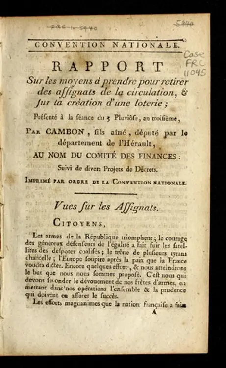 Rapport sur les moyens à prendre pour retirer des assignats de la circulation & sur la création d'une loterie: présenté à la séance du 3 pluviôse an troisième cover