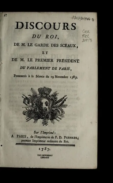 Discours du roi, de M. le garde des sceaux, et M. le premier pre sident du Parlement de Paris: prononce s a   la se ance du 19 novembre 1787 cover