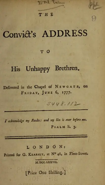 The convict's address to his unhappy brethren: Delivered in the chapel of Newgate, on Friday, June 6, 1777 cover