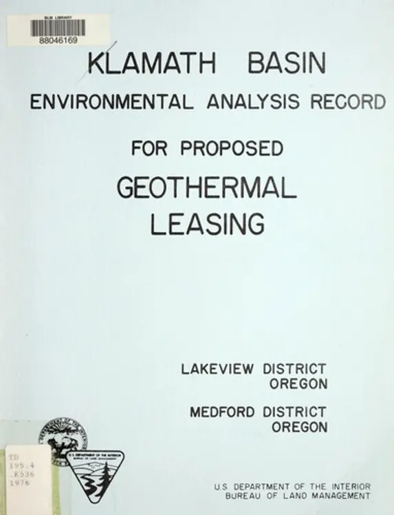 Klamath Basin environmental analysis record for proposed geothermal leasing: Lakeview District, Oregon, Medford District, Oregon cover