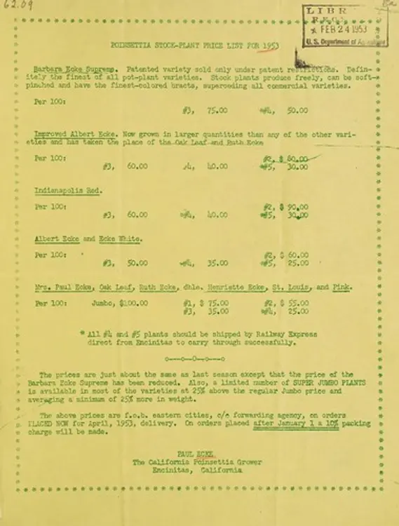 Poinsettia stock-plant price list for 1953 cover