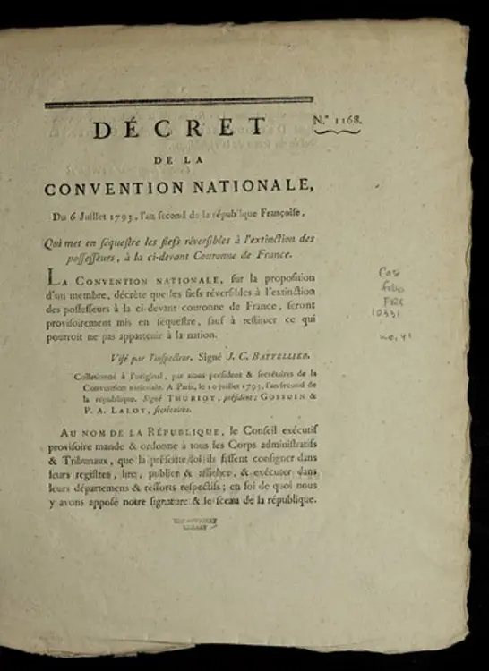 De cret de la Convention nationale, du 6 juillet 1793, l'an second de la Re publique franc ʹoise, qui met en se questre les fiefs re versibles a   l'extinction des possesseurs, a   la ci-devant couronne de France cover