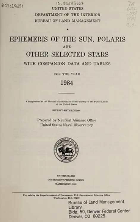 Ephemeris of the sun, Polaris and other selected stars with companion data and tables: for the year 1984 cover
