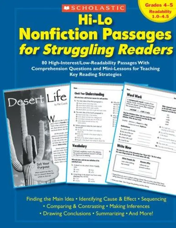 Hi-Lo Nonfiction Passages for Struggling Readers: Grades 4-5: 80 High-Interest/Low-Readability Passages With Comprehension Questions and Mini-Lessons for Teaching Key Reading Strategies cover