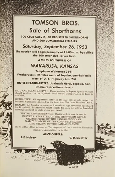 Tomson Bros., sale of shorthorns: 100 club calves, 50 registered shorthorns, 200 commercial females, Saturday, September 26, 1953, the auction will begin promptly at 11:00 a.m. by selling the 100 steer club calves first, 4 miles southwest of Wakarusa, Kansas cover