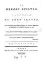 Cover image for An Heroic Epistle to the Right Honourable the Lord Craven: On His Delivering the Following ...