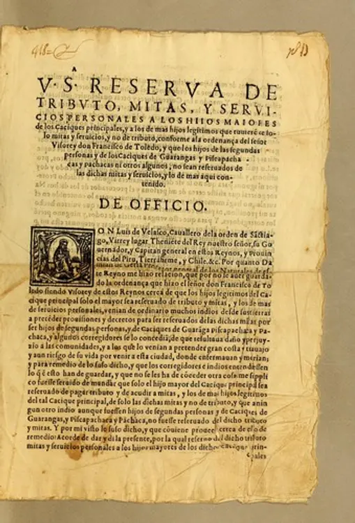 A V.S. Reserua de tributo, mitas, y seruicios personales a los hijos maiores de los caciques principales: y a los de mas hijos legitimos que tuuiere[n] de solo mitas y seruicios, y no de tributo, conforme a la ordenanca del señor visorey don Francisco de Toledo, y que los hijos de las segundas personas y de los caciques de Guarangas y Piscapachacas y pachacas [sic] ni otros algunos, no sean reseruados de las dichas mitas y seruicios, y lo de mas aqui contenido cover