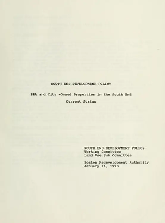 South end development policy: bra and city-owned properties in the south end, current status. cover