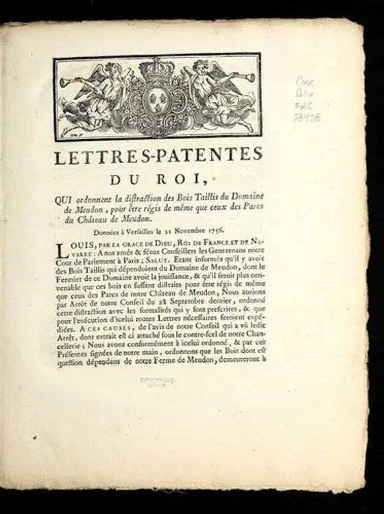 Lettres-patentes du roi, qui ordonnent la distraction des bois taillis du domaine de Meudon, pour e tre re gis de me me que ceux des parcs du cha teau de Meudon: donne  a   Versailles le 21 novembre 1756 cover