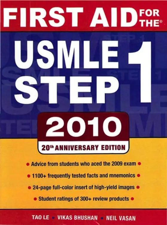 First aid for the USMLE step 1 2010: [advice from students who aced the 2009 exam ; 1100+ frequently tested facts and mnemonics ; 24-pages full-color insert of high-yield images ; student ratings of 300+ review products] cover